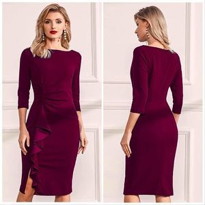 NWT! BOUTIQUE ANGELA RUFFLE BODY-CON MIDI DRESS IN BURGUNDY-SIZE MEDIUM